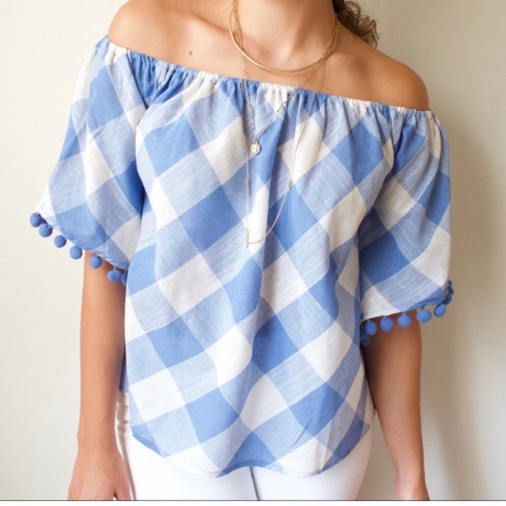 Blue and White Off-Shoulder Women's Top